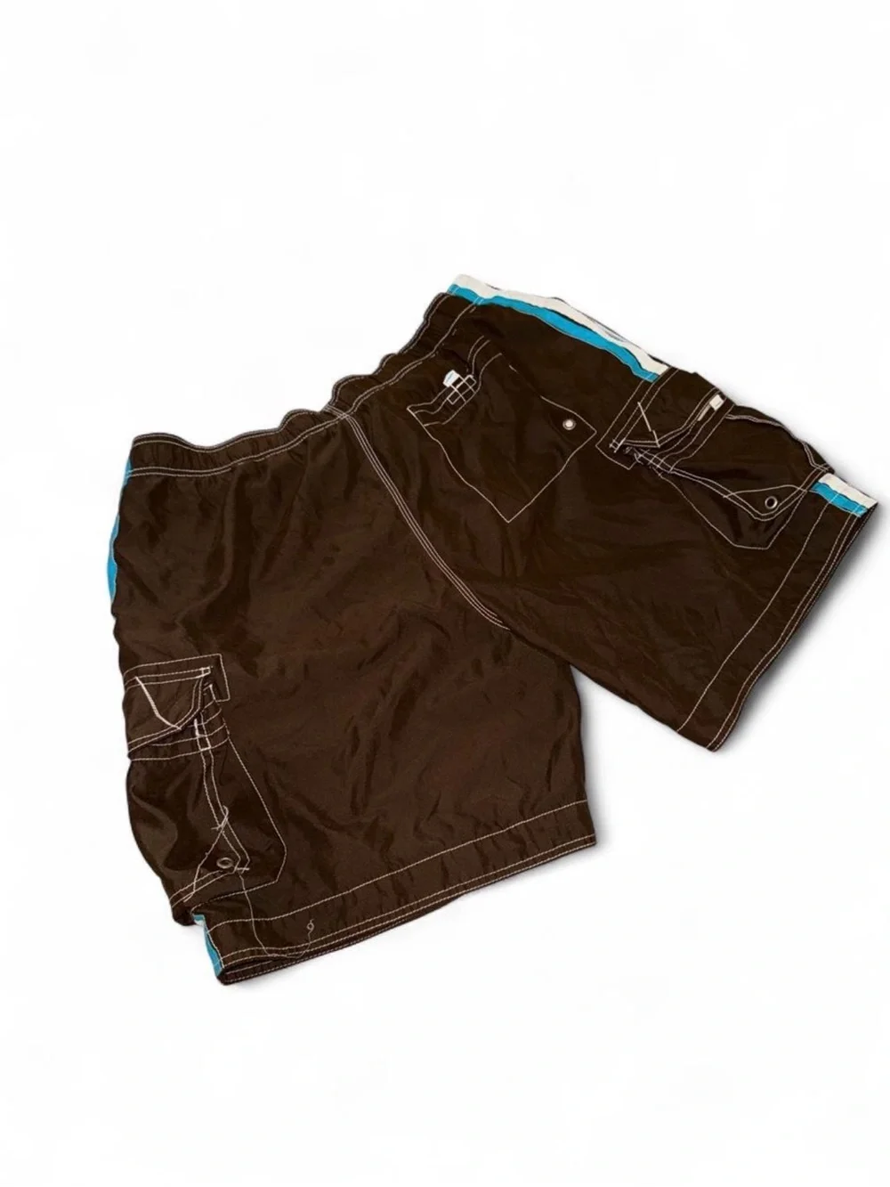 Vintage Y2K OP Men's Brown Swim Trunks with White and Blue Stripes